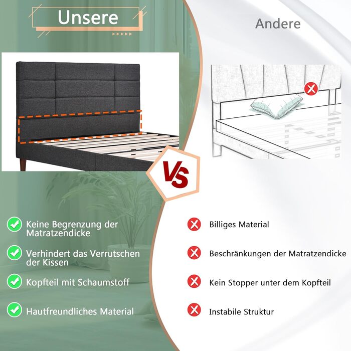 Ліжко Merax з м&39якою оббивкою, двоспальне ліжко з ящиком для зберігання та рейковим каркасом, 140x200 см, каркас ліжка з гео-оббивкою та узголів&39ям, з темно-сірого льону, для дорослих та підлітків, темно-сірий (матрац не входить до комплекту) 140 x 20