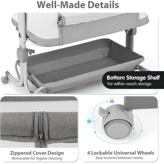 Дитяче ліжечко LIFEZEAL, 6-рівневе регулювання висоти, дитяче ліжко з матрацом та колесами, портативне дорожнє ліжечко для дітей 0-6 місяців, колиска з кошиком для зберігання (світло-сірий)