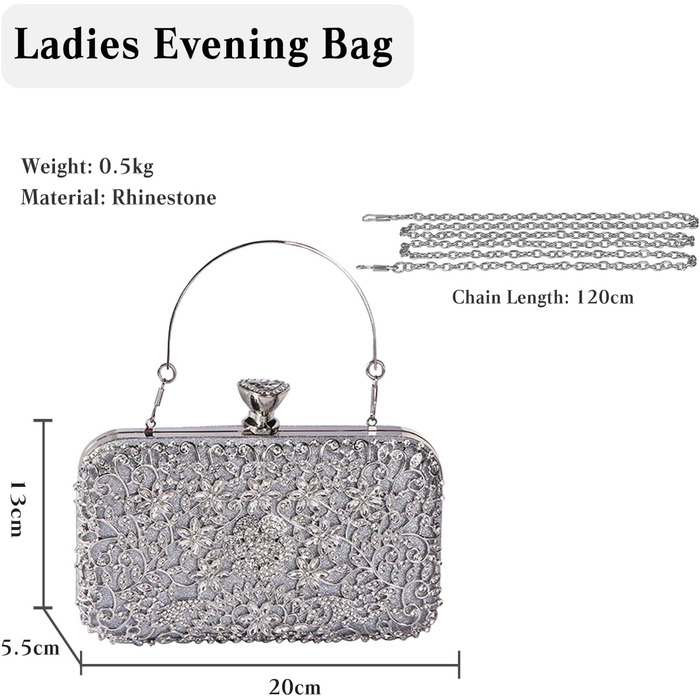 Сріблясте клатч-вечірнє відділення для жінок, інкрустоване стразами та кристалами, елегантна сумочка на ланцюжку для дня народження, коктейльної вечірки, танців, вечірнього заходу