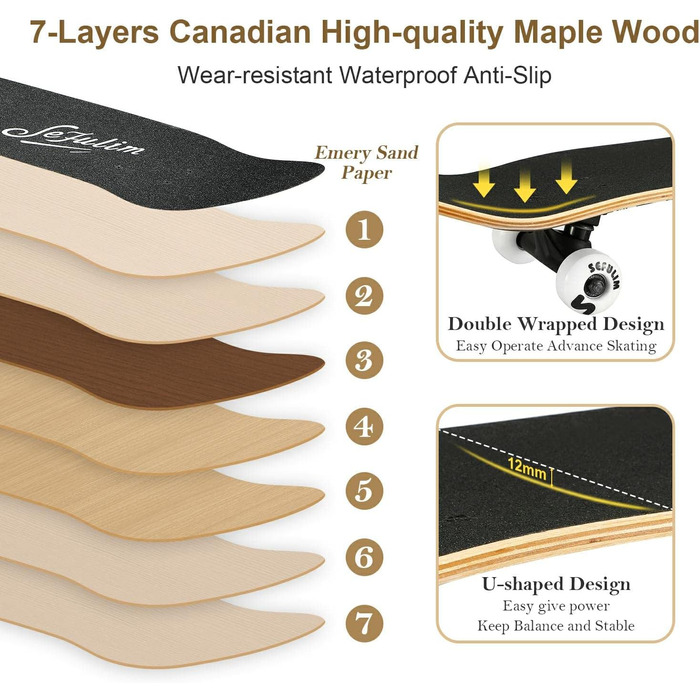 Скейтборд для дорослих повна дошка 31 x 8 дюймів з кульковими підшипниками ABEC-7 7-шаровий клен для початківців дітей та дорослих