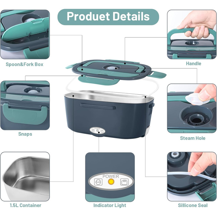 Електричний ланчбокс з підігрівом, портативний контейнер для їжі 1.5 л з нержавіючої сталі, герметичний. 3-в-1 для автомобіля (12V/24V), офісу (220V) та подорожей, з виделкою, ложкою та термосумкою (зелений)