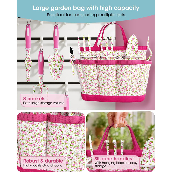 Набір садового інструменту для жінок, 26 предметів, у квітковому стилі ідеальний подарунок для садівництва В комплекті рукавички, сумка для зберігання, садові аксесуари, декоративні метелики та яскраві бирки для рослин.