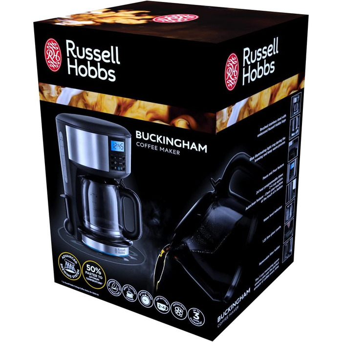 Кавоварка Russell Hobbs цифровий таймер, душова лійка для оптимальної екстракції та аромату Букінгем (макс. 10 чашок, скляний глечик 1,25 л, нагрівальна плита, 1000 Вт) Кавоварка з фільтром 20680-56