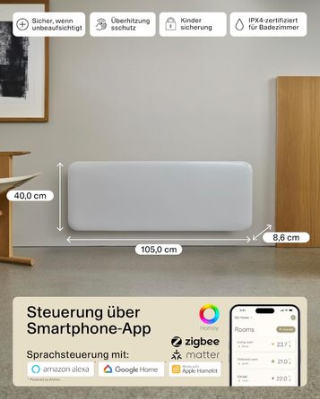 Електричний радіатор Mill Invisible WIFI 1300 Вт, розумний енергозберігаючий електричний обігрівач для 15-19 м, електричний радіатор для ванної кімнати, настінний обігрівач, електричний радіатор, розроблений у Норвегії - білий 15-19 м