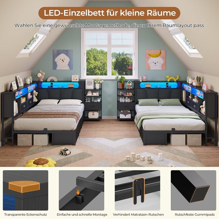Дитяче ліжко DICTAC 90x200 см з 6 шухлядами, світлодіодним освітленням та зарядною станцією Багатофункціональний диван-ліжко з вбудованою тумбочкою та прихованим місцем для зберігання в узголів&39ї (чорний) 90x200 см