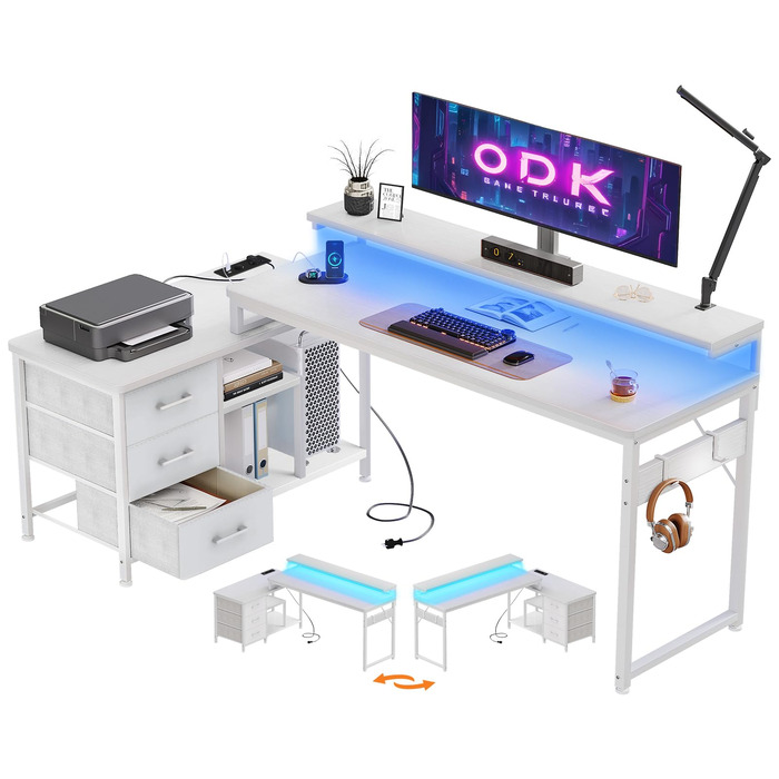 Г-подібний письмовий стіл ODK з шухлядами, кутовий стіл 174x100 см, білий з перевернутою полицею, ігровий стіл зі світлодіодним підсвічуванням та підставкою для монітора, комп&39ютерний стіл, офісний стіл для кабінету або спальні, 174x100 см, білий