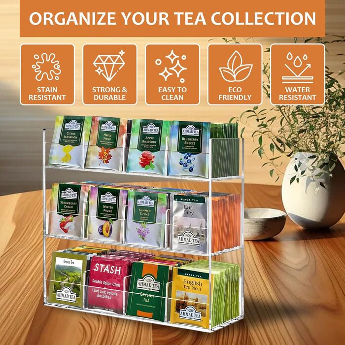 Акриловий органайзер для чайних пакетиків з 12 відділеннями на 216 чайних пакетиків, не потребує складання та економить місце, прозорий органайзер для чаю, без запаху, сучасний та стильний органайзер для зберігання чаю