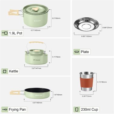 Набір посуду для кемпінгу Odoland з антипригарним покриттям, каструлями та сковорідками з чайником, мірним набором для посуду з нержавіючої сталі, чашками, тарілками, ножами, ложками, виделками для приготування їжі на свіжому повітрі, набір антипригарного