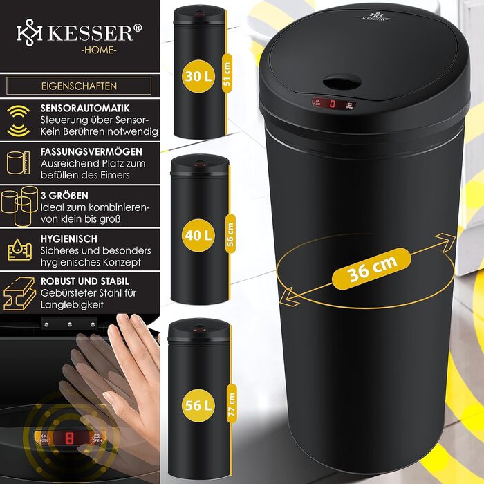 Відро для сміття KESSER Sensor Автоматичне Відро для сміття Відро для сміття Нержавіюча сталь 56 літрів ЧОРНИЙ