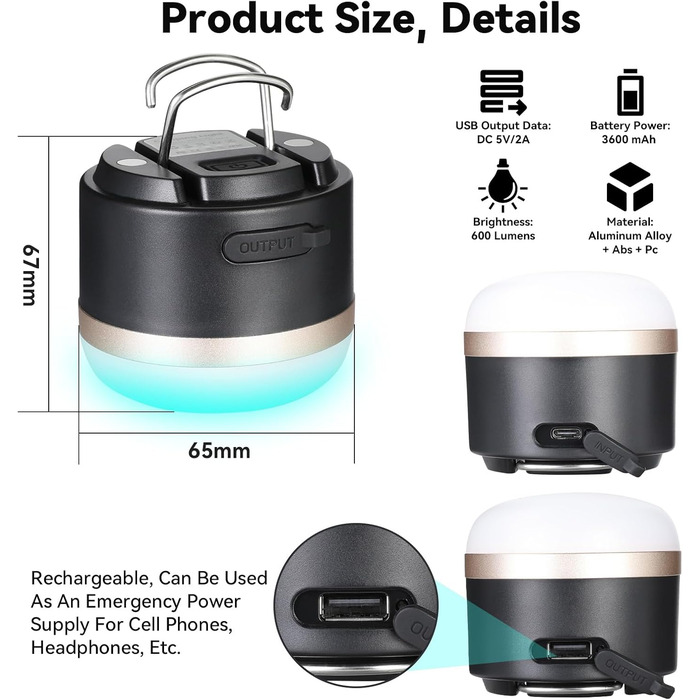 Світлодіодний кемпінговий ліхтар Romon, акумулятор 3600 мАг, кемпінговий ліхтар зі зміною кольору RGB з акумулятором USB-C, плавне регулювання яскравості, акумуляторний кемпінговий ліхтар для відключення електроенергії, походів, кемпінгу, надзвичайних сит