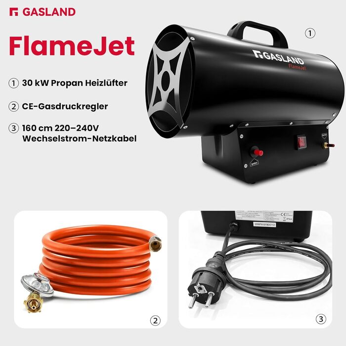 Газовий обігрівач GASLAND FlameJet FH30FBDE потужністю 30 кВт з редукційним клапаном 700 мбар, конвекційним нагрівом, турбовентилятором, захистом від перегріву