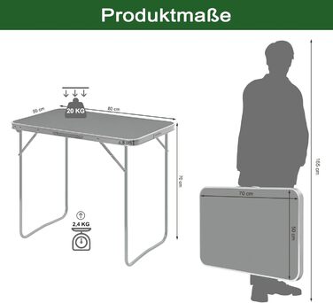 Туристичний стіл, Розкладний стіл для балкону, Бічний столик, Розкладний балконний стіл, Розкладний стіл, Садовий стіл з ручкою, Виготовлений з МДФ та металу, 80x50x70 см, Сірий