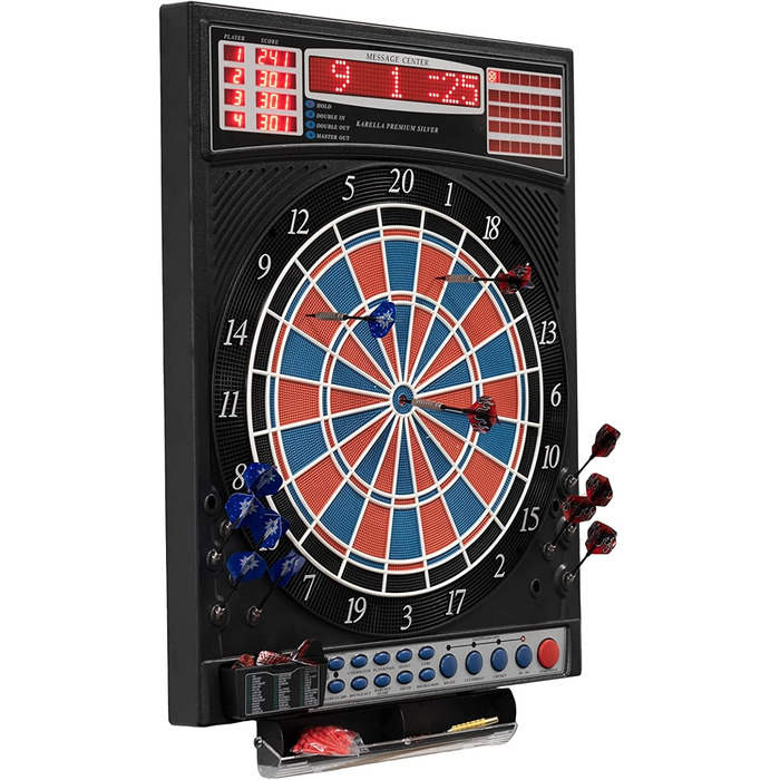 Електронна мішень для дартсу преміум-класу Silver з високим рівнем гри, 41 гра, професійний дизайн для турнірів на 2 лунки, світлодіодні дисплеї, включаючи 12 м&39яких дротиків