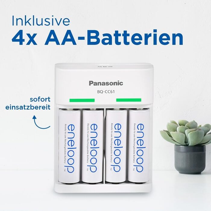 Зарядний пристрій eneloop Basic USB, для 2-4 нікель-металгідридних акумуляторів типу AA/AAA, час заряджання 10 годин, 6 функцій безпеки, включаючи 4 акумулятори eneloop типу AA (2000 мАг), зарядний пристрій USB з 4 акумуляторами eneloop типу AA