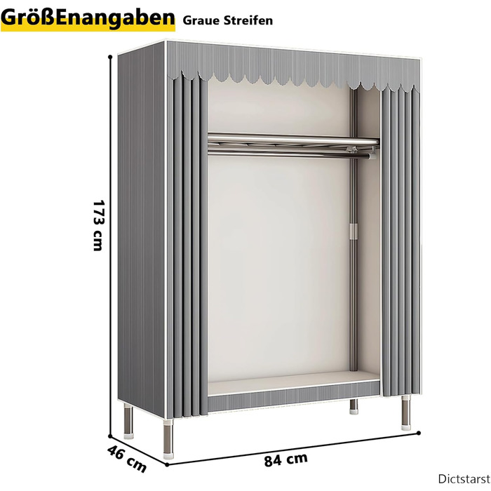 Тканинна шафа, міцна, тканинна розкладна шафа для спальні з рейкою для одягу та полицями, гардеробна шафа з вішалкою для одягу, 84x46x173 см, сіра смужка.