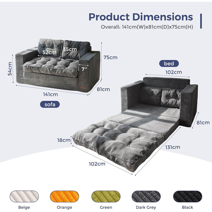 Розкладний диван-ліжко MAXYOYO, ширина 140 см з подушками, 2-в-1 розкладний вельветовий диван, 2-місний з функцією сну, спальна зона 10196 см для вітальні, спальні, кімнати відпочинку, темно-сірий, 140 см