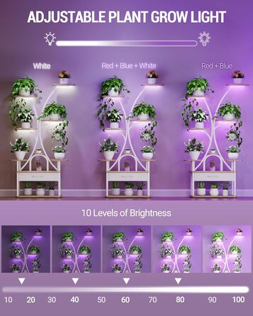 Підставка для рослин Hzuaneri з лампою для вирощування, 9-ярусна підставка для квітів з 4 світлодіодними лампами RG, регульований колір та час, 164 см, ідеально підходить для вітальні, балкона, саду, біла, PS16016WEU 9 ярусів білого кольору