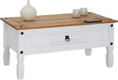 Журнальний столик CARO Furniture Campo в мексиканському стилі, стіл для вітальні/приставний столик, масив сосни, коричневий/білий лак, з 1 шухлядою