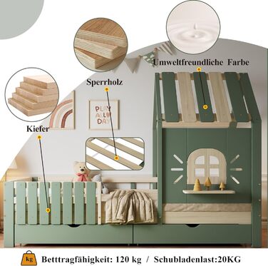 Дитяче ліжко 90x200 см, дерев&39яне ліжко з 2 шухлядами, ліжко-будиночок з дахом та вікном, каркас ліжка з рейковою основою, для дівчаток та хлопчиків, зелене, без матраца 90 x 200 см B