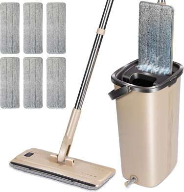Набір швабр і відро для прибирання MASTERTOP, швабра для підлоги з 6 подушечками з мікрофібри, самоочисна плоска швабра для сухого