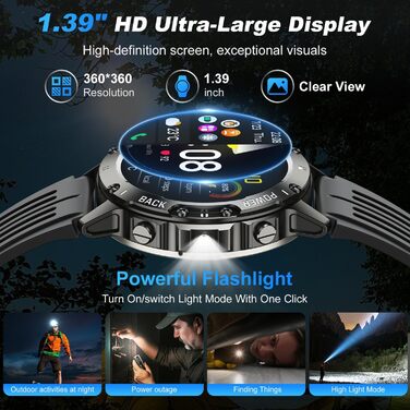 Військовий смарт-годинник для чоловіків з функцією телефону водонепроникний фітнес-трекер, смарт-годинник з Bluetooth-дзвінками та серцевим ритмом, монітором сну, крокоміром, спортивним годинником, Android/iOS, чорним