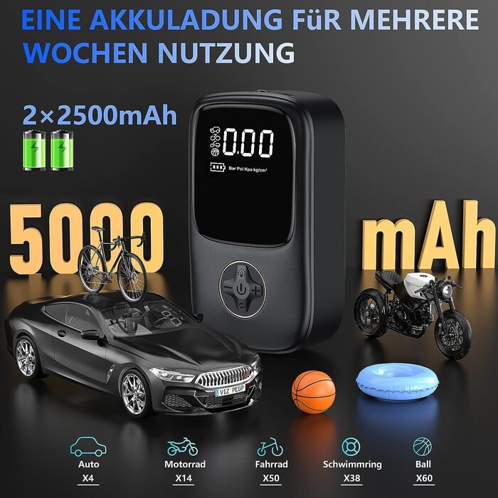 Електричний повітряний насос 5000 мАг, портативний компресор повітряного компресора, міні-насос для накачування шин 150 фунтів на квадратний дюйм з 4 режимами, цифровий РК-екран, світлодіодне світло, як павербанк, для автомобіля / мотоцикла / велосипеда /