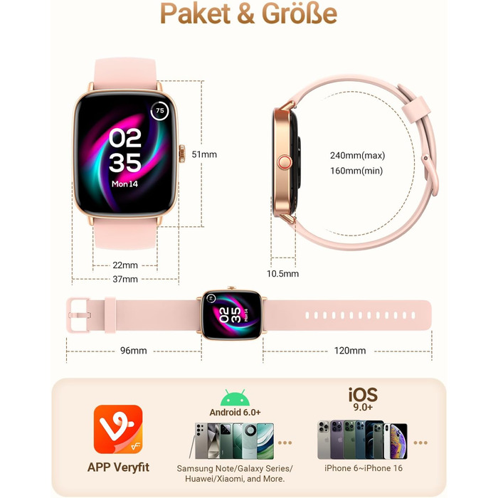 Розумний годинник для чоловіків та жінок з функцією телефону, фітнес-годинник 1,85 дюйма, понад 100 спортивних режимів, фітнес-трекер з моніторингом серцевого ритму/SpO2/сну, крокомір, водонепроникний спортивний годинник IP68 для iOS та Android, рожевий