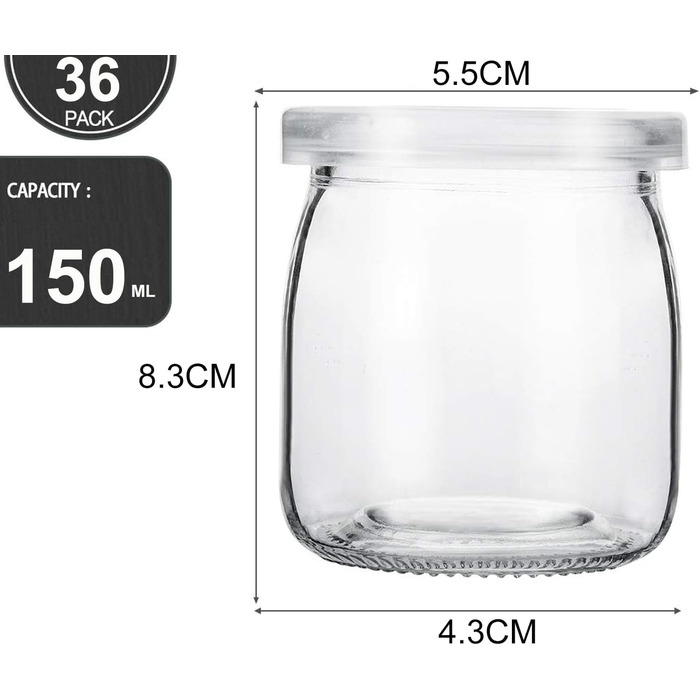 Банки для йогурту з кришками 150 мл, десертні банки з кришкою, йогуртові горщики з кришками для йогурту, десерту, пудингу, молока, варення, 36 шт.