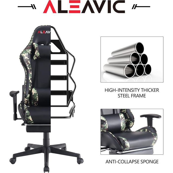 Ігрове крісло ALEAVIC з підставкою для ніг, гоночне крісло, ергономічне офісне крісло, ігрове крісло для ПК, висока спинка. (камуфляжний колір)