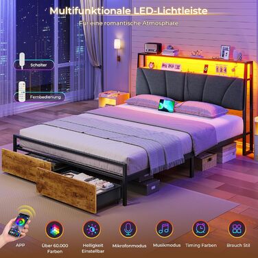 Ліжко 140x200 з металевою рейковою основою, каркас ліжка 140x200 см зі світлодіодним освітленням та зарядною станцією (2 розетки змінного струму та 2 порти USB), дитяче ліжко, двоспальне ліжко з 2 великими шухлядами, сірий колір, 140x200 см