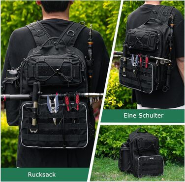 Рюкзак для рибалки Goture, рюкзак для рибальських снастей із тримачем для вудки, сумка для спорядження для морської риболовлі, сумка через плече для вулиці, чорно-чорна (збільшена версія)