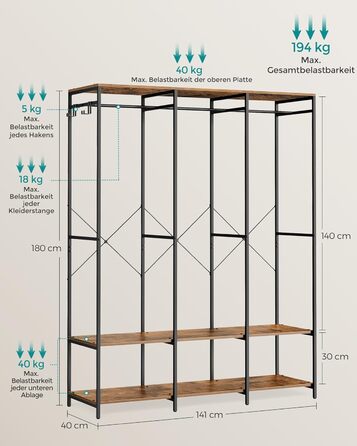 Відкрита шафа, вішалка для одягу, вішалка для пальто, шафа з рейкою для одягу, полиці, знімні гачки, 40 x 141 x 180 см, вінтажний коричневий RGR005B01 Вінтажний коричневий 40 x 141 x 180 см