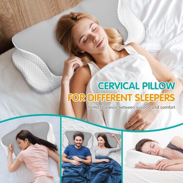 Подушка для шиї, подушка з піни з ефектом пам&39яті, подушка для шиї, подушка для голови, ергономічна подушка для сну на боці, на спині та на животі, 62x49/12 см, сірий/білий