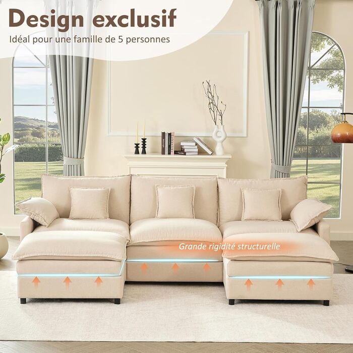 Подібний модульний диван, 3-місний кутовий диван з пуфом, дизайн з глибоким сидінням, диван Cloud для вітальні (бежевий)