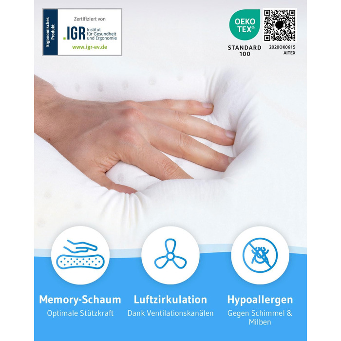 Подушка для шиї MATAR, ергономічна подушка для шийного відділу хребта, подушка для шиї з в&39язкопружною піною з ефектом пам&39яті, ідеально підходить для сну на боці та спині, регульована висота, 55 x 40 x 11/9 см, білий