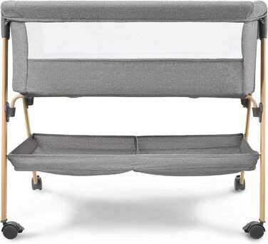 Дитяче ліжечко Moby-System Mili Дорожнє ліжечко 06 місяців, Складане з матрацом, Сітчасті боковини, Місце для зберігання, Колеса з гальмом, Легке та стійке, Сірого кольору, Для новонароджених, Приліжкове ліжечко без свердління, Макс. 9 кг.