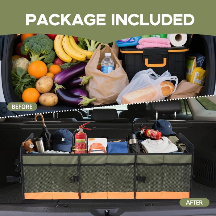 Органайзер для багажника авто, міцний органайзер для зберігання з антиковзним покриттям, об'єм 95 л, вантажний органайзер для позашляховиків, пікапів, седанів, водонепроникний, портативний, зелено-помаранчевий