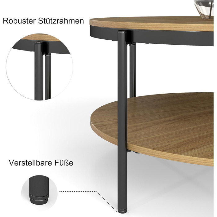 Круглий дерев&39яний журнальний столик Manora, маленький круглий столик для вітальні 80 см, диван-столик з 2 рівнями зберігання, під дуб, металеві ніжки зі сталевим каркасом (світлий дуб), сучасний дуб