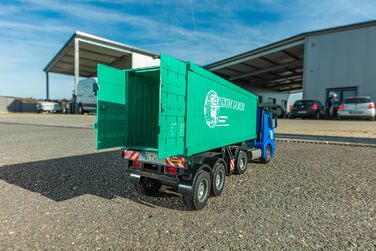 Радіокерований тягач Arocs з контейнером, модель 120, RTR (повністю готовий до використання), зі світлом та звуком, в комплекті батарейки та пульт керування, час роботи до 30 хвилин.