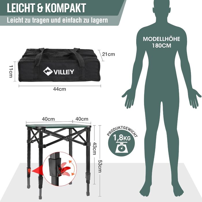 Алюмінієвий розкладний стіл VILLEY з сумкою для перенесення, складний кемпінговий стіл з алюмінію, складний балконний стіл, садовий стіл для пікніків, кемпінгу та пляжного відпочинку на свіжому повітрі, 40 * 40 * 53 см, малий