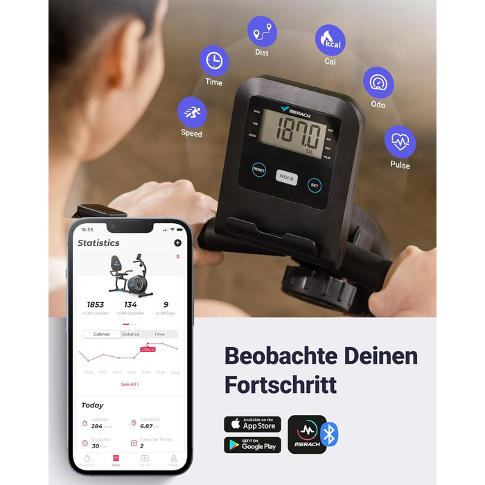 Велотренажер MERACH для домашнього використання з 8 регульованими рівнями опору, Smart Bluetooth, ексклюзивним підключенням до додатків, РК-дисплеєм, датчиками серцевого ритму та регульованою спинкою, синьо-чорний