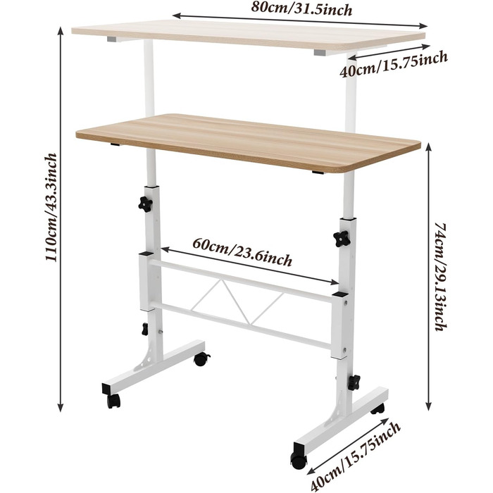Невеликий письмовий стіл, регульована висота 75-110 см, компактний стіл для роботи стоячи для невеликих приміщень, стіл для ноутбука для домашнього офісу та вітальні (клен 80 x 40 x 110 см)