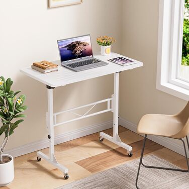Стіл з регульованою висотою та колесами, комп&39ютерний стіл, стіл для роботи стоячи, регульована висота для бігової доріжки/ходьби для дому, невеликий ПК-стіл для домашнього офісу, 80 x 40 см, білий (80 x 40 x 74-110 см)