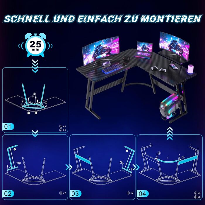 Ігровий стіл L-подібний 120x120 см, Кутовий стіл для ігор, L-подібний стіл з підставкою для монітора, Карбоново-чорний 120 x 120 см Чорний
