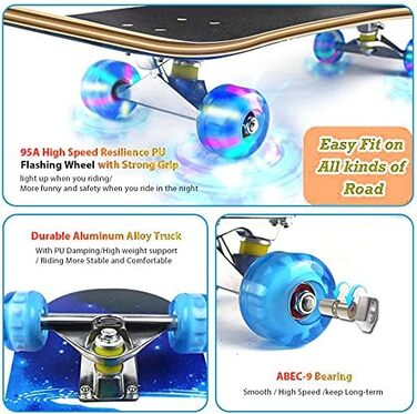 Повний скейтборд Rampage Plain Third 78.7 x 20.3 см - 7-шарова дека з канадського клена, Double Kick увігнута, ABEC-3 підшипники, 50 мм PU колеса, для дітей, підлітків та дорослих, синій дизайн