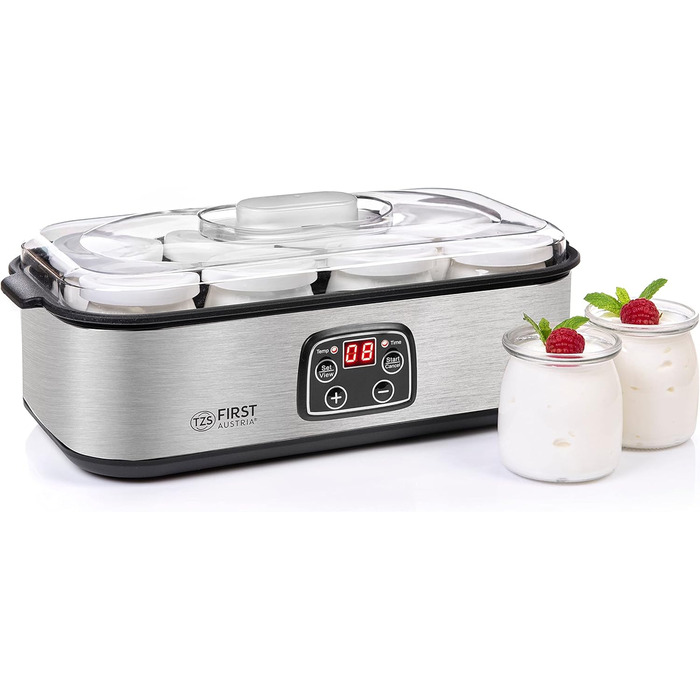 Електрична йогуртниця TZS First Austria, йогуртниця, 30 Вт, 8 склянок, 190 мл, РК-дисплей, налаштування температури, таймер і функція автозупинки, білий/сірий 30 Вт 8 баночок по 190 мл