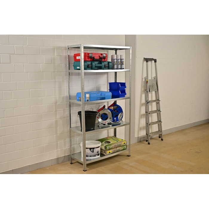Система стелажів SCHULTE з 5 полицями PowerMAX, вантажопідйомність 65 кг, 190x100x40 см (ВxШxГ), оцинкована, полиця для зберігання, полиця для майстерні, полиця для підвалу, полиця для гаража, металева полиця