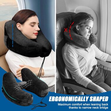 Надувна Neck Pillow з капюшоном, Neck Pillow Adults, Neck Pillow Car Travel Pillow, Quick Inflatable Neck Pillow Travel (Black)