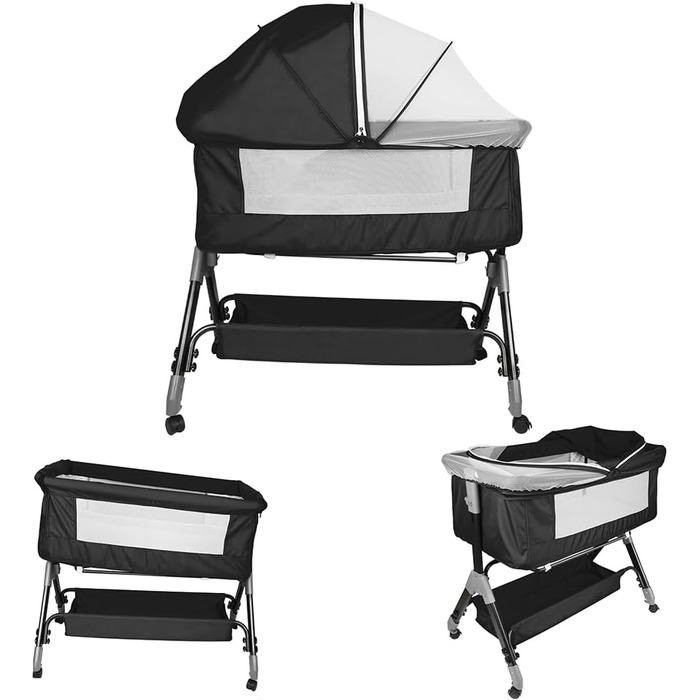 Дитяче ліжечко 3-в-1, дитяча колиска та дорожнє ліжечко, 4-рівневе регулювання висоти дитячого ліжечка, відкидне крісло, ліжечко, колиска для дітей вагою до 25 кг - 104 x 52 x 100-110 см - чорний колір