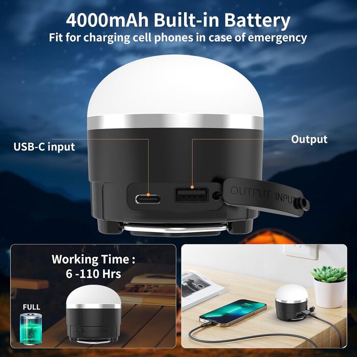 Акумуляторний світлодіодний кемпінговий ліхтар, 1000 лм, портативний підвісний ліхтар для намету зі зміною кольору RGB, магнітна основа, водонепроникний аварійний підвісний ліхтар для ураганів, відключень електроенергії, домашнє RGB-підсвічування